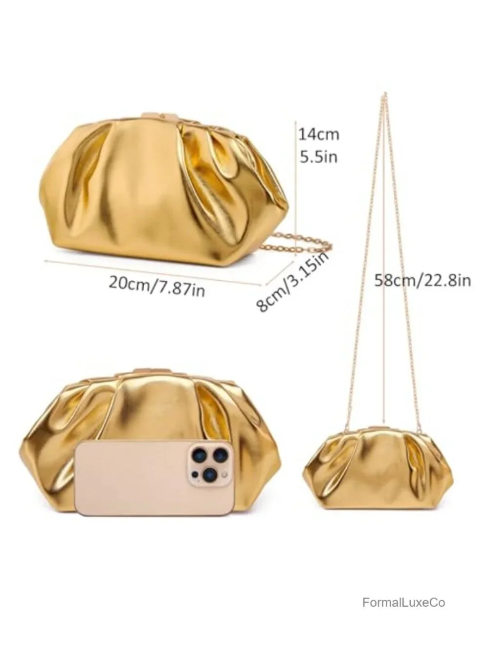 Elegant Pleated Vegan Leather Clutch Purse Detachable Chain Evening Bag